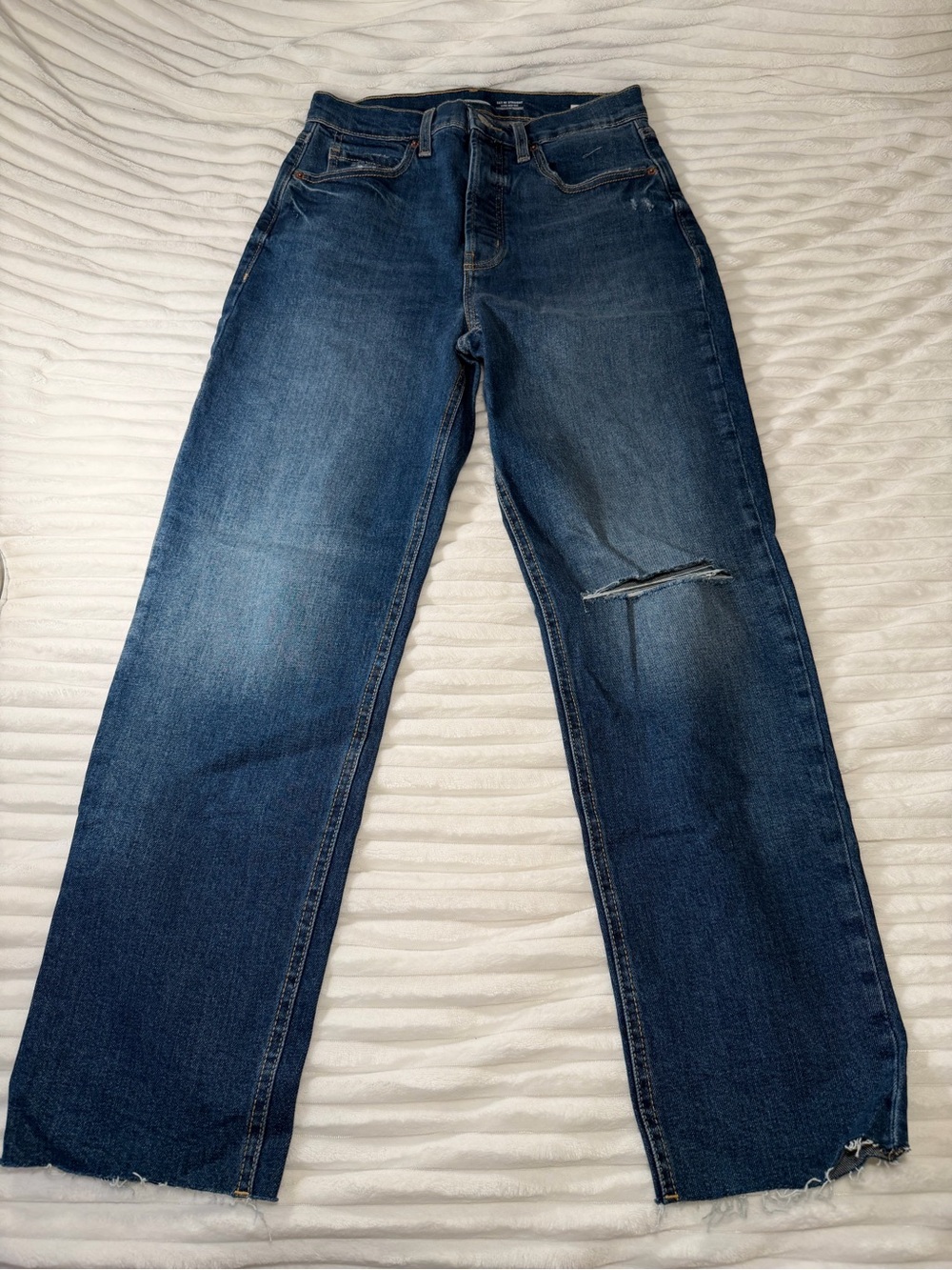 Old Navy Blue Women's Extra High Rise Straight Leg Jeans with Knee Rip